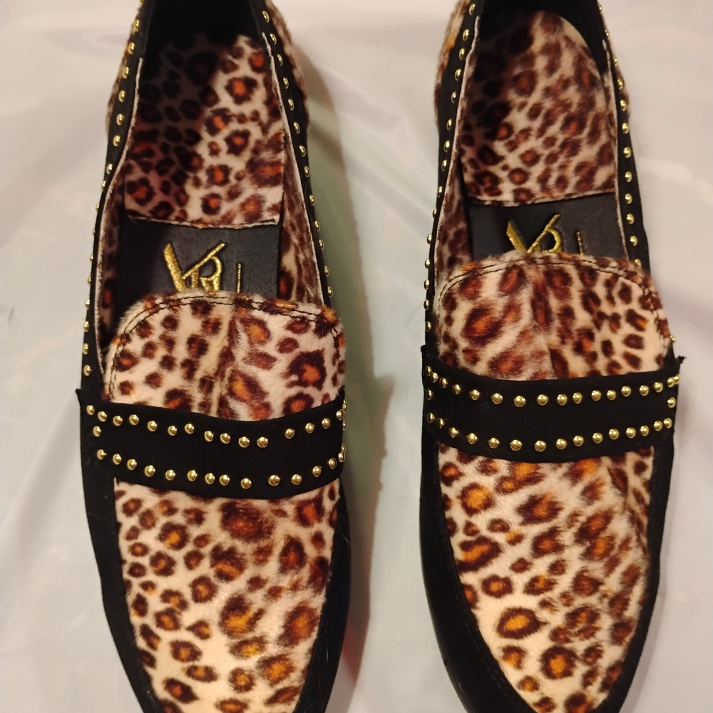 YRU Animal Print Loafers with Gold Accents